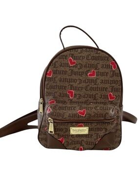 Juicy Couture Brown Mini Backpack With Red Heart Print & Adjustable Straps